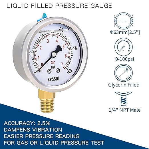 0-100 Psi Lead-Free Glycerin Liquid Filled Low Pressure Gauge, 2.5" Dial Size, 1/4" G Lower Mount, 304 Stainless Steel Case, for Water Pipe, HVAC, Water Oil Air Pressure Test
