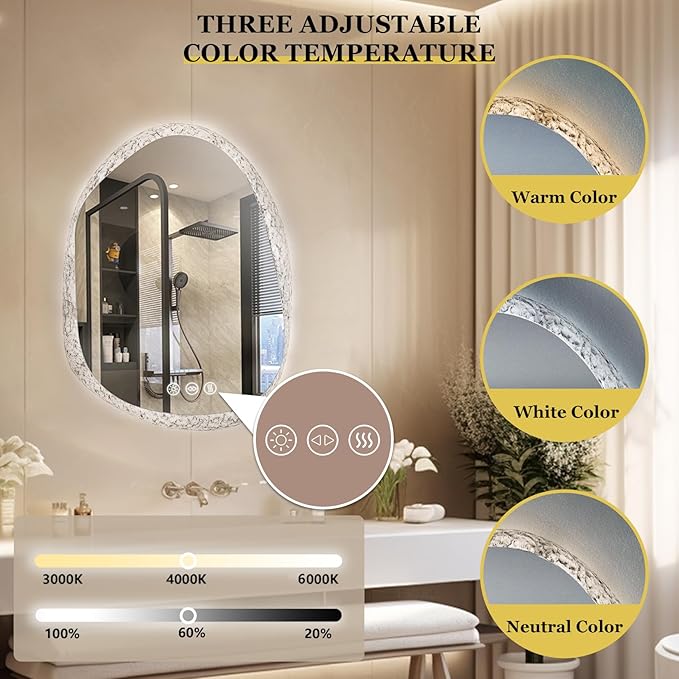 LUVODI Lighted LED Bathroom Mirror: 28”x20”Irregular Stone Pattern Frosted Wall Vanity Mirror with Bright Back Lit - Illuminated Dimmable 3 Colors Vanity Mirrors with Smart Memory Form Anti-Fog