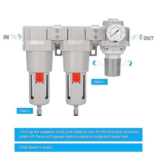 NANPU 1" NPT Air Drying System - Double Air Filters, Air Pressure Regulator Combo - Semi-Auto Drain, Poly Bowl