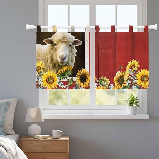 Sheep Flowers Kitchen Curtains 24 Inch Length, Small Window Curtains Tab Top, Country Red Barn Botanical Sunflowers Light Filtering Short Window Treatments Tier Drapes 27.5"x24" 2 Panel