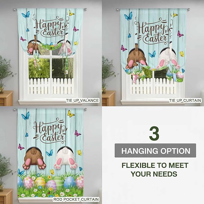 Tie Up Curtains,Happy Easter Bunny Butt Egg Floral Adjustable Rod Pocket Window Shade Curtain Drape Spring Plant on Aqua Wood Tie-Up Valance for Kitchen Bedroom Living Room Windows,52"x63"