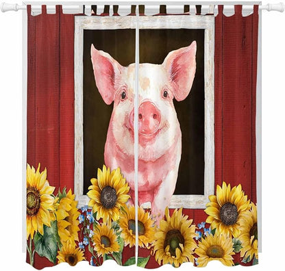 Pigs Sunflowers Living Room Curtains 96 Inch Length, Window Curtains Tab Top, Farmhouse Red Barn Flowers Animals Light Filtering Window Treatments Drapes 52"x96" 2 Panel