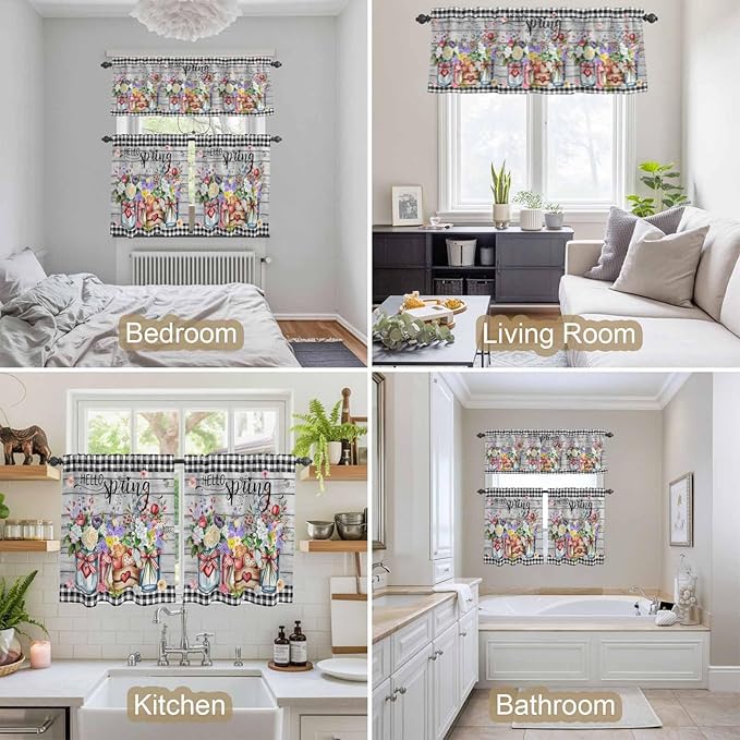Kitchen Curtains Tiers and Valance Set of 3, Spring Flowers Light Filtering Window Curtain Set, Farmhouse Black Plaid Wood Grain Rod Pocket Curtain Drapes for Cafe, Living Room, 36 Inches Tiers