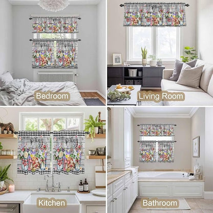 Kitchen Curtains Tiers and Valance Set of 3, Spring Flowers Light Filtering Window Curtain Set, Farmhouse Black Plaid Wood Grain Rod Pocket Curtain Drapes for Cafe, Living Room, 36 Inches Tiers