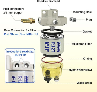 iFJF R12T Fuel Water Separator Marine Assembly - 10 Micron Diesel Engine Filter with 15 GPH Flow Rate - NPT ZG1/4-19 Ports 2 Fittings & 2 Plugs Replaces S3240 120AT 18-7987 for Boat Tractor Skid Steer
