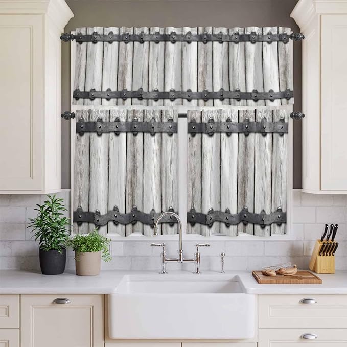 Farmhouse Rustic Kitchen Curtain Set, Vintage Country Wooden Grain Window Valance and Tiers 24" Length, Light Filtering Short Curtains Valance for Cafe Bathroom Bedroom 54"x18"