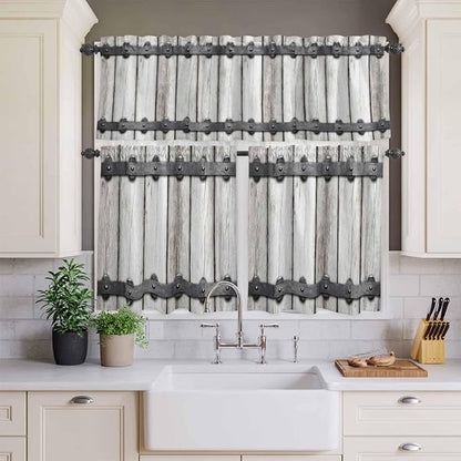 Farmhouse Rustic Kitchen Curtain Set, Vintage Country Wooden Grain Window Valance and Tiers 36" Length, Light Filtering Short Curtains Valance for Cafe Bathroom Bedroom 54"x18"