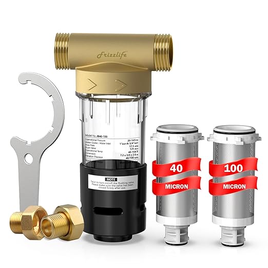 Frizzlife 40&100 Micron Spin Down Sediment Filter with Built-in Scraper, Reusable Whole House Pre-Filter for City/Well Water, Washing Machine, Flushable Filtration, 1"&3/4" NPT, BPA Free, JB40-100