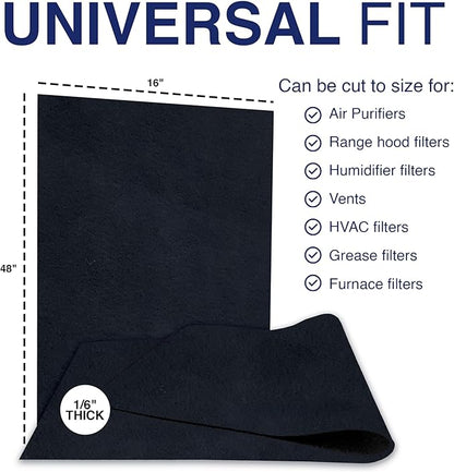 Cut To Fit Air Filter - Carbon Pad Pre Filter for Air Purifiers, AC, Furnace, Trash Cans and Dust, 1/6" thick, 16" x 48" Sheets (2-pack)