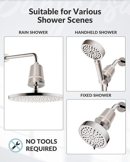 Hard Water Shower Filter - Removes Chlorine, Heavy Metals & Scale - KDF Technology for Softer Skin & Hair - Fits Most Rain & Handheld Showerheads - (Brushed Nickel)