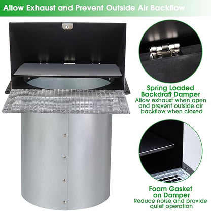 6 Inch Hooded Wall Vent with Screen and Damper,6 Inch Wall Exhaust Vent Cover Dryer Ventilation Cap Exterior for Kitchen Range Hood Air Exhaust,External Extractor w/Non Return Flap,Galvanized Steel