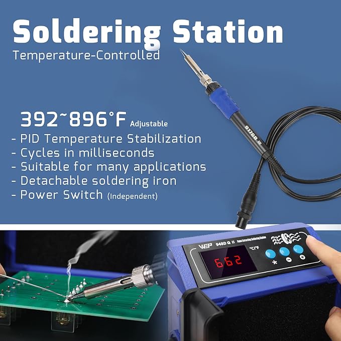WEP 948DQ-II Double Filter Fume Extractor Soldering Iron Station 2-in-1 Solder Smoke Absorber, Soldering Fan with PID Control,℉/℃, Sleep Mode, Tip Cleaner, 3 Soldering Tips, 35g Solder
