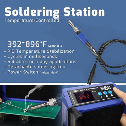 WEP 948DQ-II Double Filter Fume Extractor Soldering Iron Station 2-in-1 Solder Smoke Absorber, Soldering Fan with PID Control,℉/℃, Sleep Mode, Tip Cleaner, 3 Soldering Tips, 35g Solder