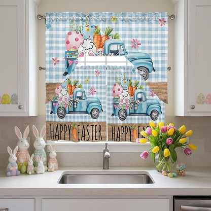 Swag Valance Curtains, Easter Truck with Rabbit Eggs Carrot Rod Pocket Valances Swag Topper for Kitchen Windows, Wood Barn and Blue Checker Light Filtering Short Curtain for Bedroom Bathroom 56x36In