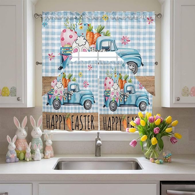 Swag Valance Curtains, Easter Truck with Rabbit Eggs Carrot Rod Pocket Valances Swag Topper for Kitchen Windows, Wood Barn and Blue Checker Light Filtering Short Curtain for Bedroom Bathroom 56x36In