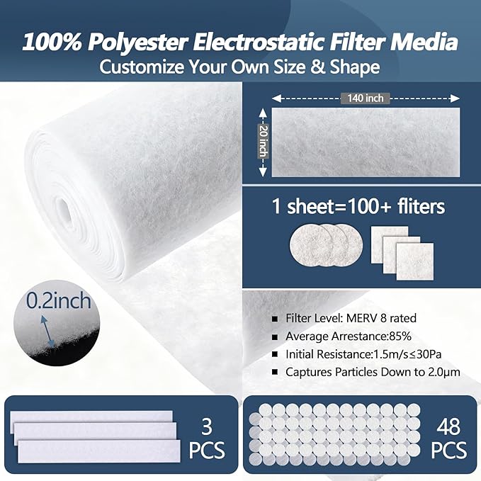 Air Vent Filters,20"x140"Cut to Fit Air Filter Material (100+Filters),MERV 8 Electrostatic Air Vent Filter for Home Floor, Grilles, Ceiling, HVAC Furnace Vents, With 48PCs Adhesive Hook Tape