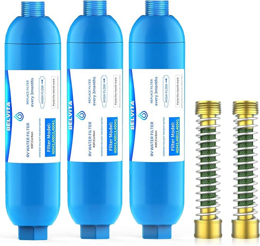 BELVITA Water Filter, 3 Pack - NSF Certified RV Inline Marine Water Filter, Reduces Chlorine, Bad Taste, Odor, Fluoride Removal, Easy Installation, for RVs, Camping, Gardening, Pets