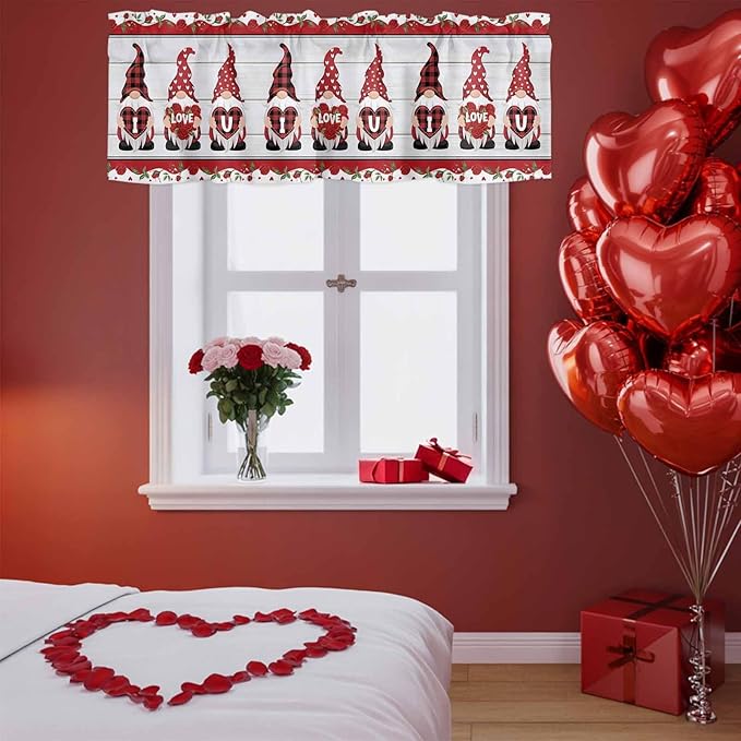 I Love U Valance Curtains for Kitchen, Valentine's Day Dwarf Romantic Wood Grain Privacy Rod Pocket Valance Curtain, Light-Filtering Window Treatment for Bedroom Bathroom, 60"x18"