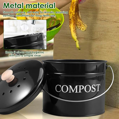 Kitchen Compost Bin 0.8 Gallon Metal Countertop Compost Bin with Lid and Handle, Smell Resistant Indoor Waste Bucket for Food Waste(Black,1)