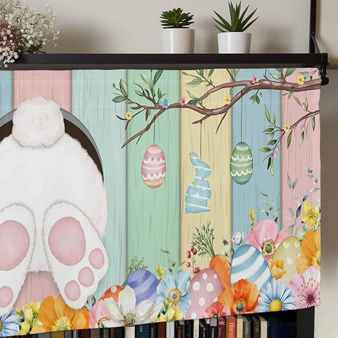 Easter Curtain Valances for Windows, Kitchen Valance Window Treatment, Spring Colorful Bunny Eggs Flower Wood Grain Light Filtering Block Curtains for Bathroom/Bedroom/Living Room 60'' x 18''