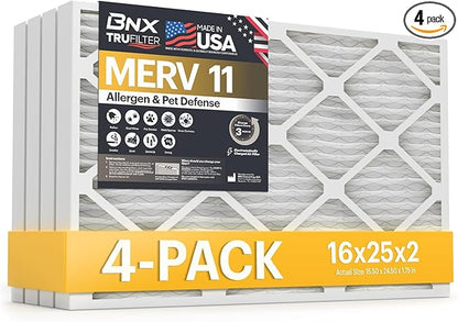 BNX TruFilter 16x25x2 Air Filter MERV 11 (4-Pack) - MADE IN USA - Allergen Defense Electrostatic Pleated Air Conditioner HVAC AC Furnace Filters for Allergies, Dust, Pet, Smoke, Allergy MPR 1200 FPR 7