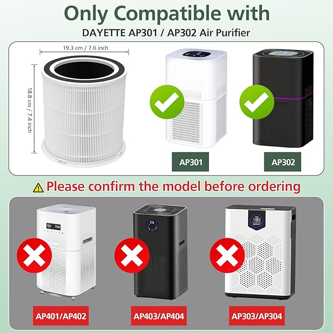 AP301 AP302 HEPA filter Replacement, ONLY for Dayette AP301 AP302 Air Purifier, NOT FOR AP401 AP402 Air Purifiers