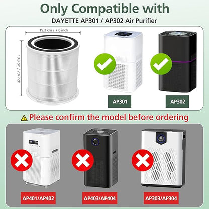 AP301 AP302 HEPA filter Replacement, ONLY for Dayette AP301 AP302 Air Purifier, NOT FOR AP401 AP402 Air Purifiers