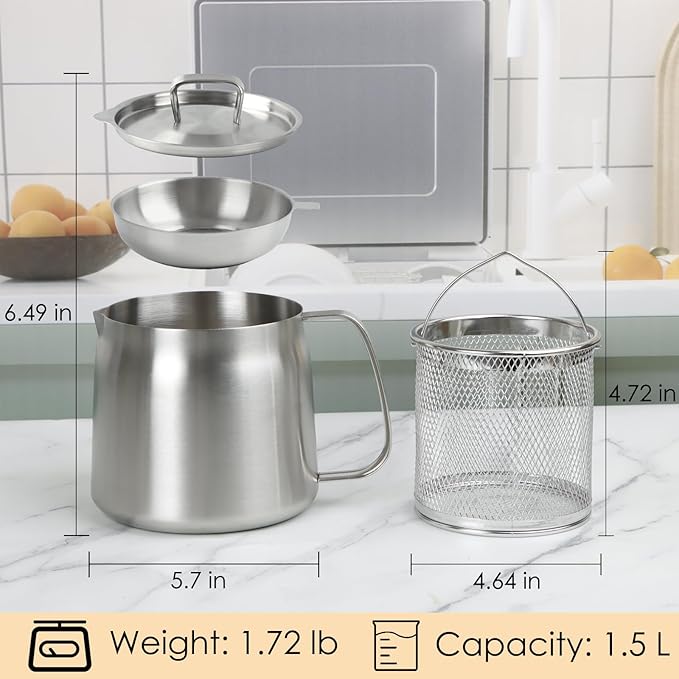 50oz 304 Stainless Steel Oil Filter Pot, Heavy Duty Bacon Grease Container & Deep Fryer Basket, Large Capacity Multi-function Oil Filter Vessel with Strainer for Kitchen Storing Frying Cooking Grease