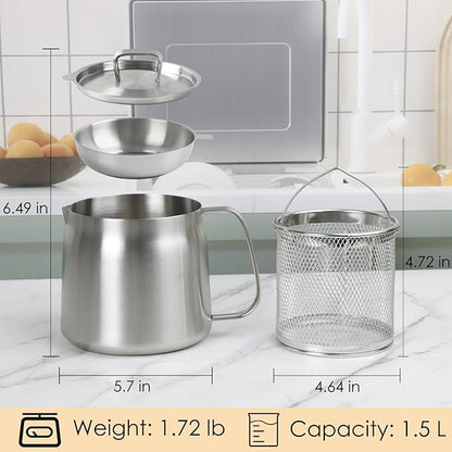 50oz 304 Stainless Steel Oil Filter Pot, Heavy Duty Bacon Grease Container & Deep Fryer Basket, Large Capacity Multi-function Oil Filter Vessel with Strainer for Kitchen Storing Frying Cooking Grease