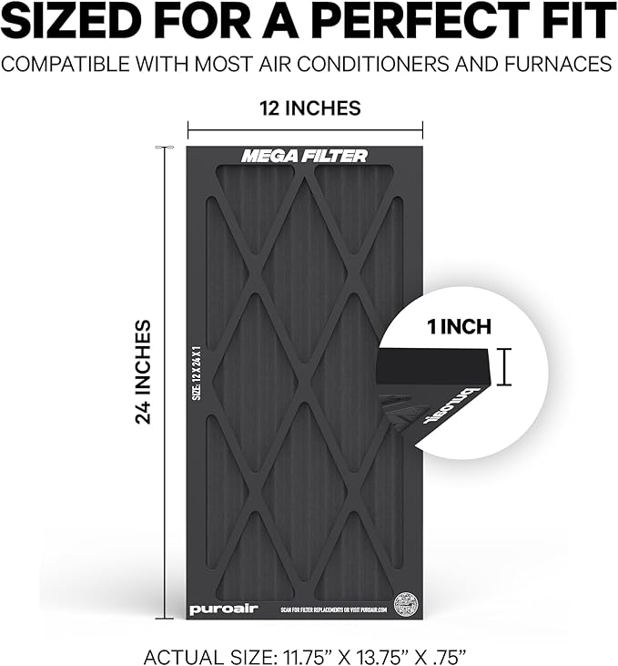 PuroAir MegaFilter - 12x24x1 Air Filter MERV 13 Activated CarbonTech Defense - Heavy Duty 3 Layer Furnace Filters Allergens, Pollen, Dust, Pet Dander, Smoke, Odors - HVAC Air Filter 12x24x1 (2-Pack)