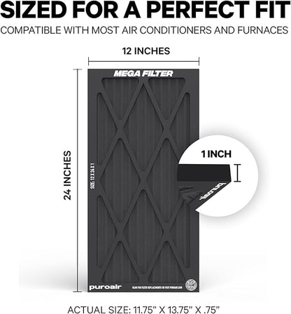 PuroAir MegaFilter - 12x24x1 Air Filter MERV 13 Activated CarbonTech Defense - Heavy Duty 3 Layer Furnace Filters Allergens, Pollen, Dust, Pet Dander, Smoke, Odors - HVAC Air Filter 12x24x1 (2-Pack)