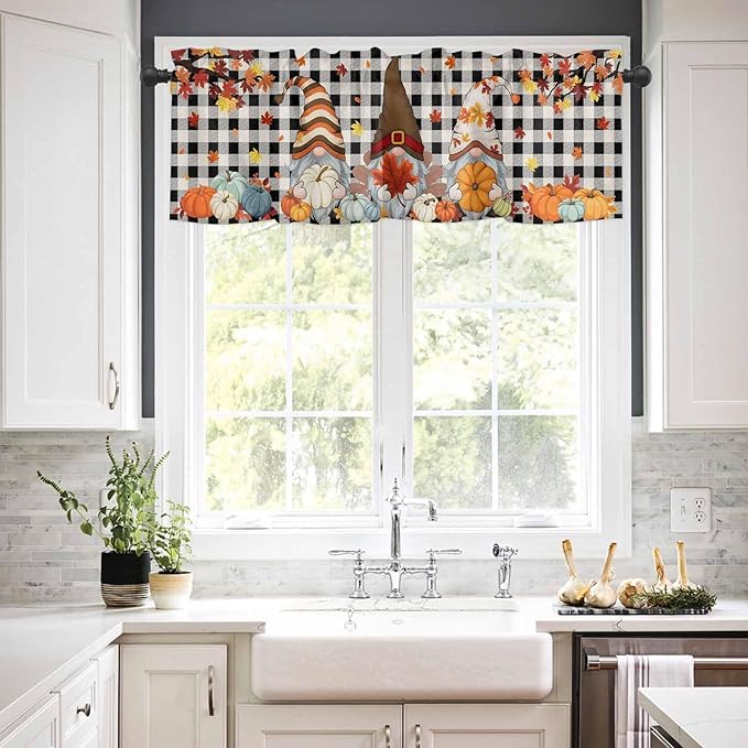 Thanksgiving Gnomes Kitchen Curtain Set, Fallen Maple Leaf Pumpkin Black Plaid Window Valance and Tiers 24" Length, Light Filtering Short Curtains Valance for Cafe Bathroom Bedroom 54"x18"