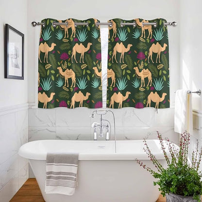 2 Panel Kitchen Cafe Curtains, Retro Desert Camel Sunlight Filtering Nature Air Through, Home Decor Window Covering Tier Curtains for Bedroom Living Room Tropical Animal Aloe Vera Leaves Dark Green