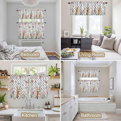 Kitchen Curtains Tiers and Valance Set of 3, Easter Light Filtering Window Curtain Set, Spring Rabbit Butterfly Botanical Florals Grey Plaid Rod Pocket Curtain Drapes for Living Room, 36 Inches Tiers