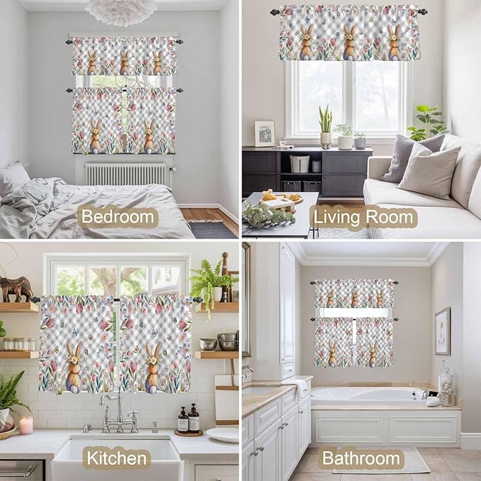 Kitchen Curtains Tiers and Valance Set of 3, Easter Light Filtering Window Curtain Set, Spring Rabbit Butterfly Botanical Florals Grey Plaid Rod Pocket Curtain Drapes for Living Room, 24 Inches Tiers