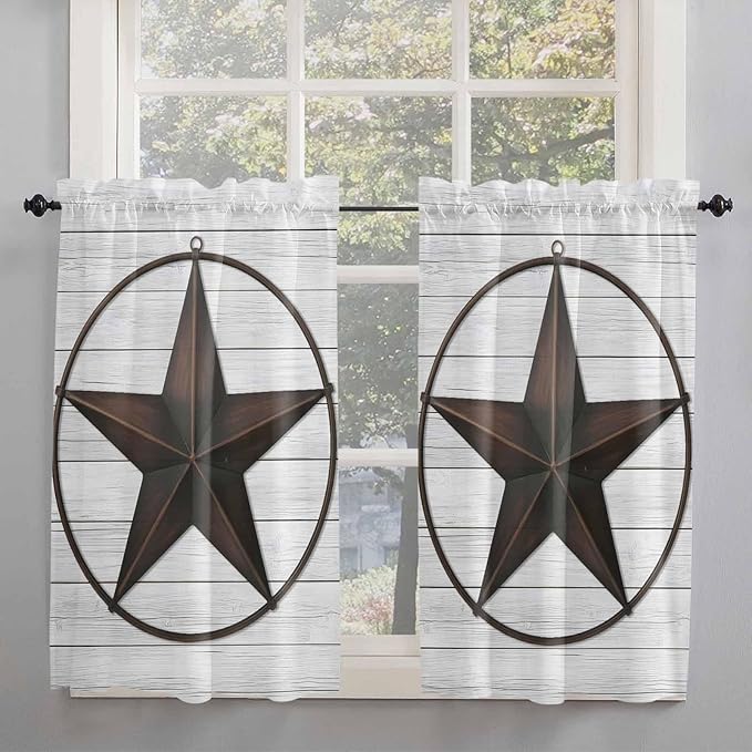 Vintage Farm Western Star Window Valance Curtains, White Wood Grain Light Filtering Kitchen Valance with 3-inch Rod Pocket for Living Room Bathroom Bedroom,2 Panel,27.5x45In
