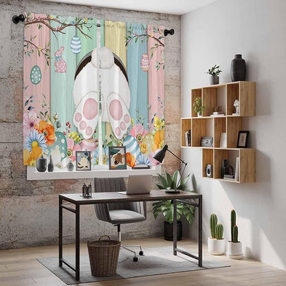 Easter Window Curtains 63 Inch Long 2 Panel Set, Rod Pocket Bedroom Curtains & Drapes, Spring Colorful Bunny Eggs Flower Wood Grain Light Filtering Window Treatment for Living Room 42"W x 63"L