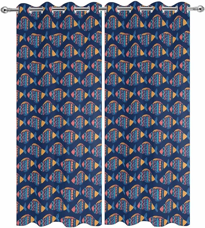 Fish Outdoor Curtains for Patio Vintage National Wind Fish Blue Waterproof Outside Curtains with Grommet Top Weatherproof Curtain for Cabana Pergola Gazebo, 2 Pack, 54" W x 108" L