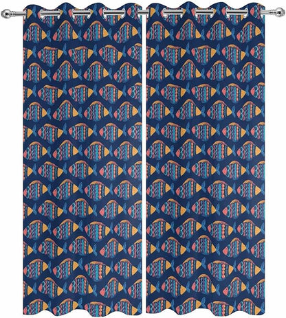 Fish Outdoor Curtains for Patio Vintage National Wind Fish Blue Waterproof Outside Curtains with Grommet Top Weatherproof Curtain for Cabana Pergola Gazebo, 2 Pack, 54" W x 108" L
