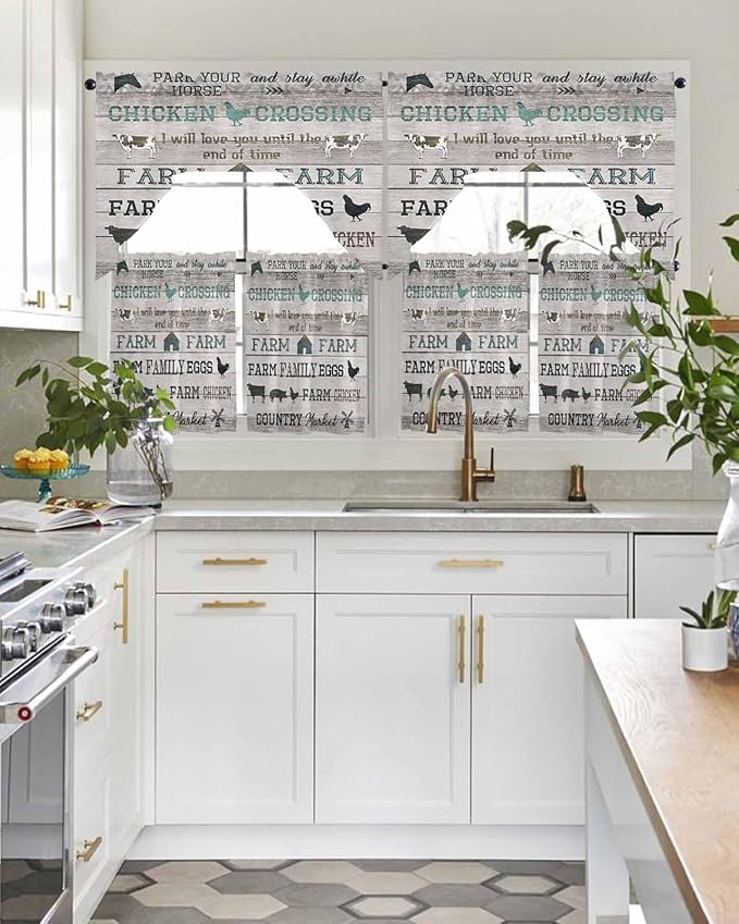 Farmhouse Swag Kitchen Curtains Valance and Tier Set, Green Black Barn Cow Pig Chicken Brown Wood Grain Light-Filtering Swag Valance 24 Inch Length, Rod Pocket Short Curtain for Bedroom Cafe