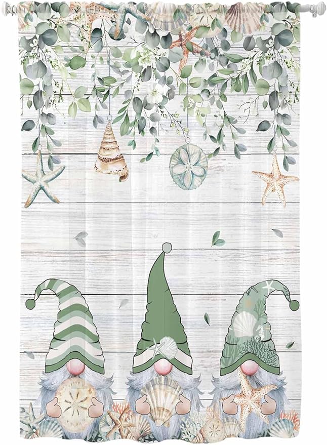 Sheer Curtains 72 Inches Long, Coastal Eucalyptus Leaf Semi Sheer Curtains Light Filtering Window Treatment, Sage Green Gnomes Starfish Privacy Voile Drapes for Living Room Bedroom 52x72 Inch