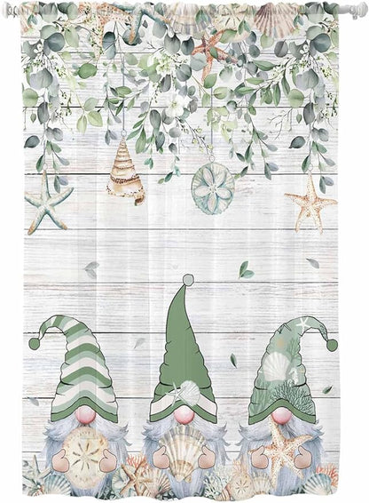 Sheer Curtains 72 Inches Long, Coastal Eucalyptus Leaf Semi Sheer Curtains Light Filtering Window Treatment, Sage Green Gnomes Starfish Privacy Voile Drapes for Living Room Bedroom 52x72 Inch