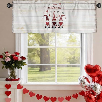 Happy Valentine's Valance Curtains for Kitchen, Day Gnomes Love Heart on Rustic Wood Grain Privacy Rod Pocket Valance Curtain, Light-Filtering Window Treatment for Bedroom Bathroom, 60"x18"