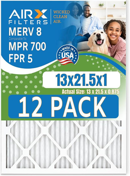 13x21.5x1 Air Filter MERV 8 Rating, 12 Pack of Furnace Filters Comparable to MPR 700 & FPR 5 - Made in USA by AIRX FILTERS WICKED CLEAN AIR.
