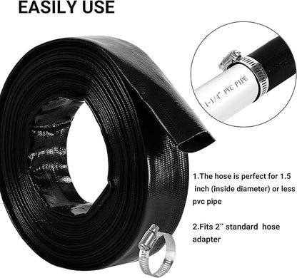 1-1/4" x 50 FT Pool Backwash Hose, Black Heavy Duty Reinforced PVC Lay Flat Water Discharge Hose