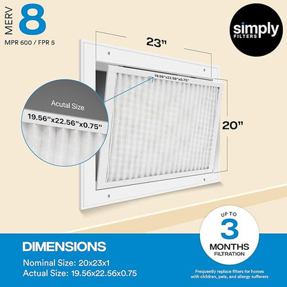 Simply 20x23x1 Air Filter, Merv 8, 6 Pack, For Home AC Furnace & HVAC (Actual Size: 19.56"x22.56"x0.75") DUST, Pet & Allergy Control,