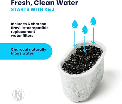 K&J Premium 6-Pack of Replacement Breville BWF100 Compatible Water Filters (Activated Charcoal)