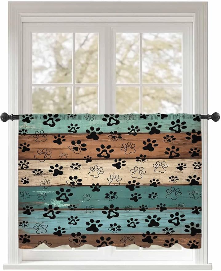 Sheer Curtains 45 Inch Length, Green Brown Paw Print Semi Sheer Curtains Light Filtering Window Treatment, Vintage Farmhouse Country Wooden Grain Privacy Voile Drapes for Living Room 52x45 Inch