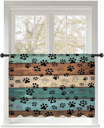 Sheer Curtains 45 Inch Length, Green Brown Paw Print Semi Sheer Curtains Light Filtering Window Treatment, Vintage Farmhouse Country Wooden Grain Privacy Voile Drapes for Living Room 52x45 Inch