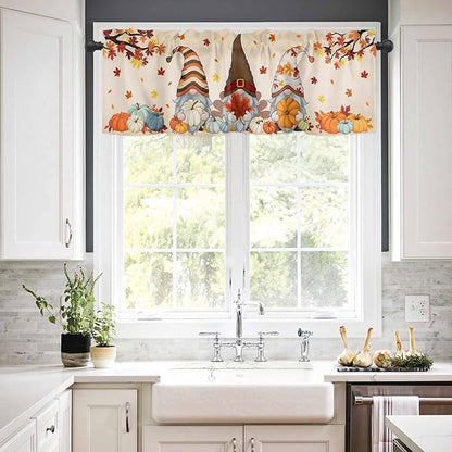 Fall Kitchen Curtain Set, Orange Pumpkins Thanksgiving Gnomes Autumn Maple Leaf Window Valance and Tiers 24" Length, Light Filtering Short Curtains Valance for Cafe Bathroom Bedroom 54"x18"